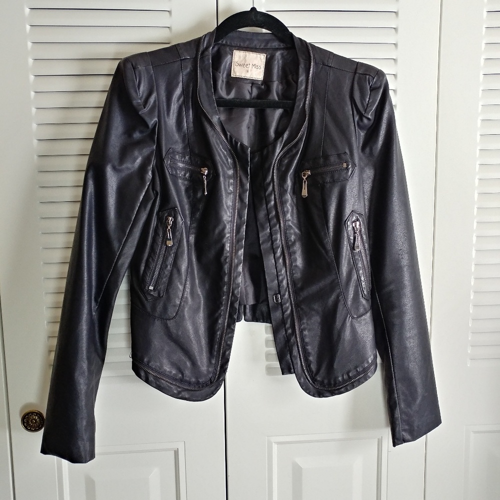 Collarless Faux Leather Jacket